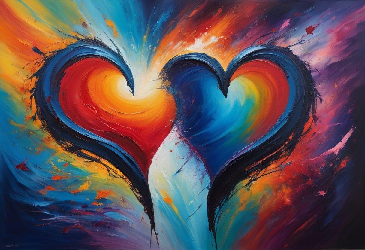 A vivid painting depicting an emotional whirlwind, showcasing a heart split in two with vibrant colors emerging from one half representing passion, while dark shadows and muted tones seep from the other half symbolizing pain. Surround the heart with abstract brush strokes that illustrate interconnected hands, evoking intense relationships and artistic expression. The background should be a blend of swirling colors, signifying the chaotic journey of love and art. impressionist style. vibrant colors. emotional depth.