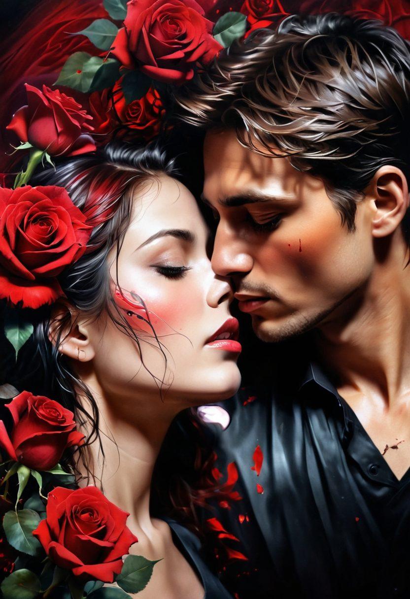 A tear-streaked face capturing a blend of joy and sorrow, surrounded by swirling roses and thorns symbolizing intense love. In the background, a shadowy silhouette of a couple embraces, contrasting light and dark elements representing passion and pain. Use deep reds and soft pastels to evoke a bittersweet emotion. painting. vibrant colors. soft focus.