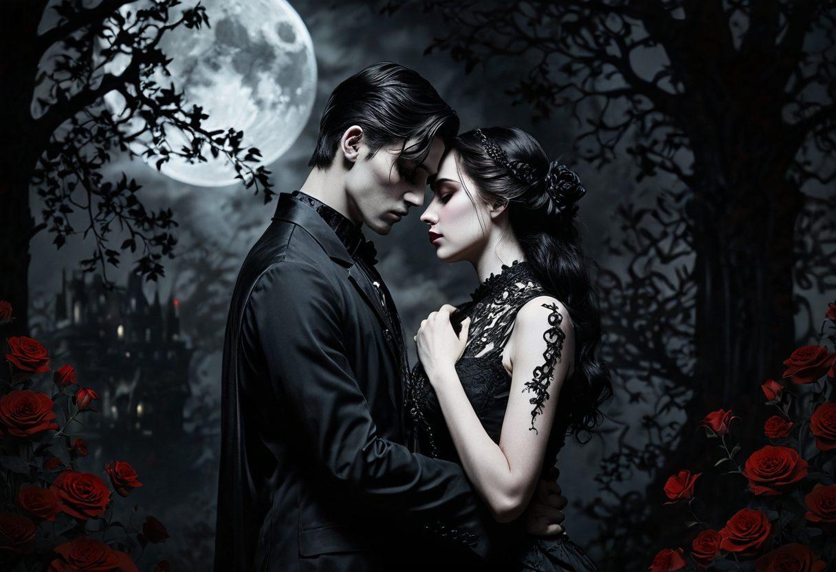 A hauntingly beautiful scene depicting a gothic couple in a somber embrace, surrounded by intricate dark floral patterns and melancholic shadows. Their expressions reflect deep emotion, with hints of pain and longing. A backdrop of an eerie moonlit landscape enhances the emotional turmoil, showcasing the contrast between love and darkness. The overall tone is rich and dramatic, filled with deep reds and blacks. gothic art, super-realistic, dark color palette.